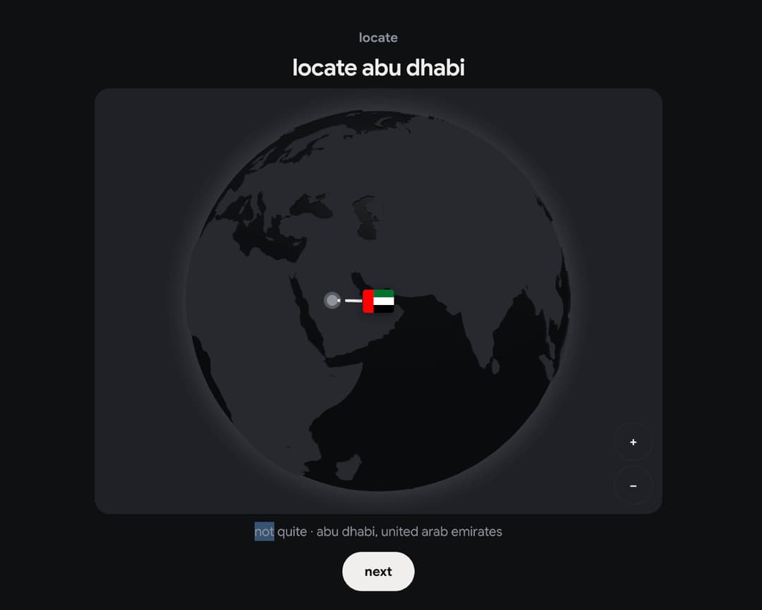 meridian locate mode — spinning the globe to drop a pin on Abu Dhabi, United Arab Emirates