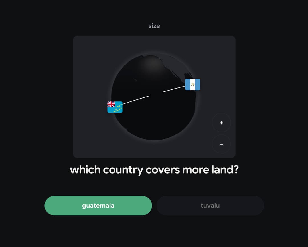 meridian size mode — comparing Guatemala and Tuvalu on the globe to pick which country covers more land