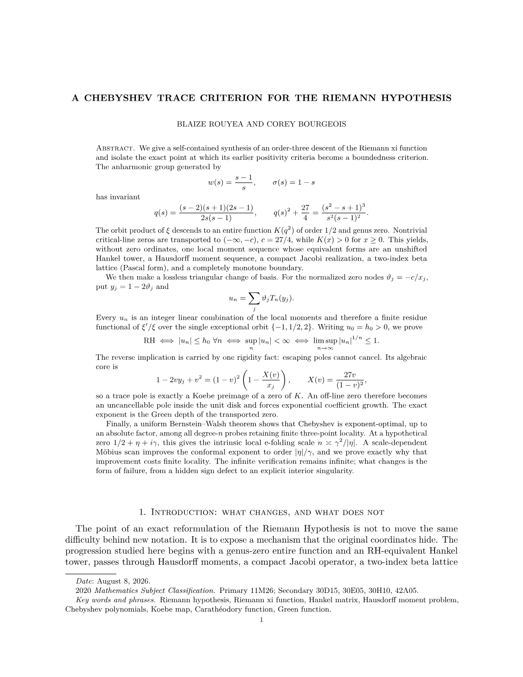 A Chebyshev Trace Criterion for the Riemann Hypothesis
