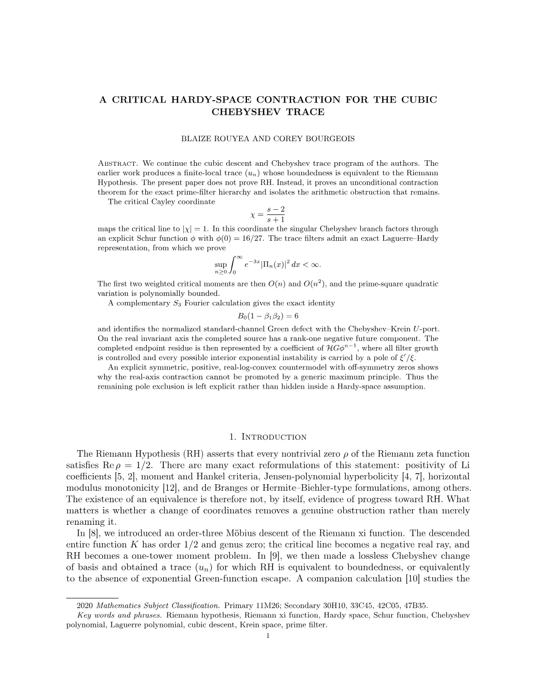 A Critical Hardy-Space Contraction for the Cubic Chebyshev Trace