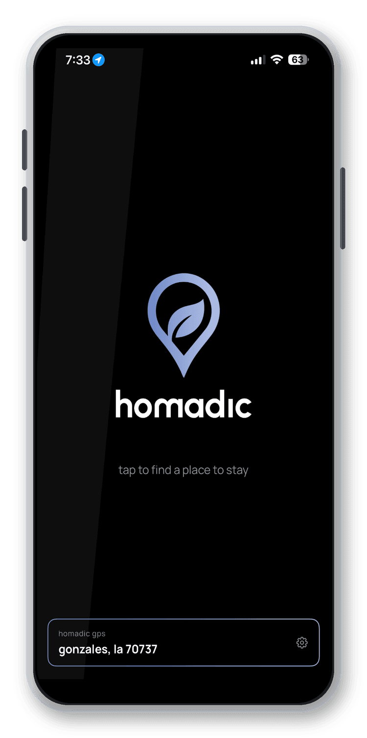 Homadic app on iPhone showing the home screen with logo and location search