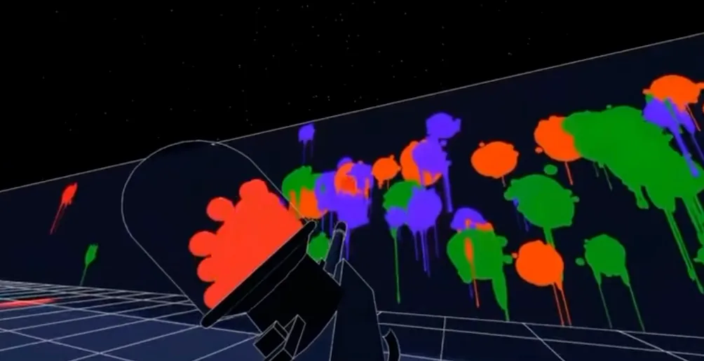 Night-mode WhiteOut arena wall covered in vivid orange, green, and purple paint splatters as a gun fires orange paint