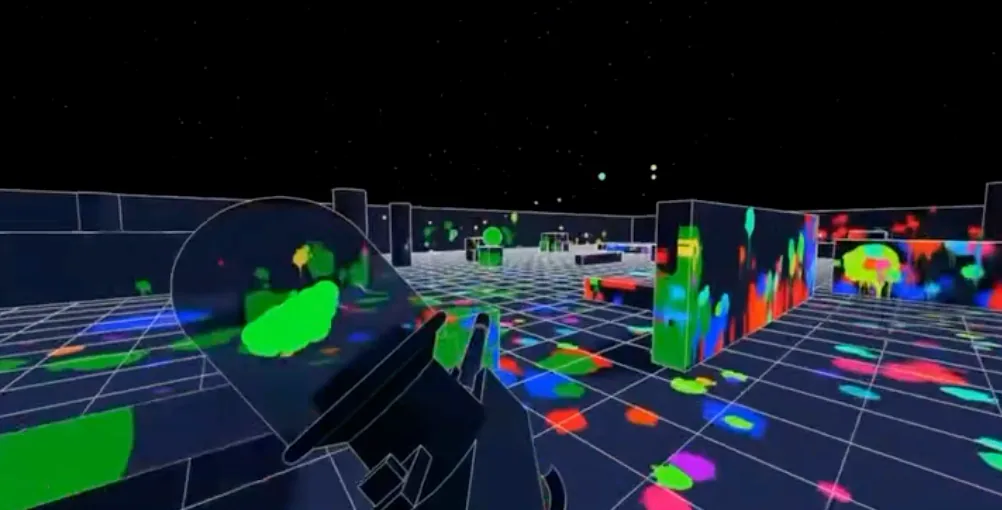 A dark, starry WhiteOut Paintball arena with neon green, blue, and pink paint splatters across the grid floor and walls