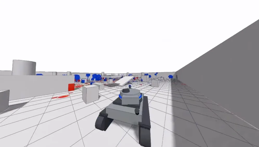 Third-person view of a small tank vehicle rolling across a white paint-splattered WhiteOut Paintball arena