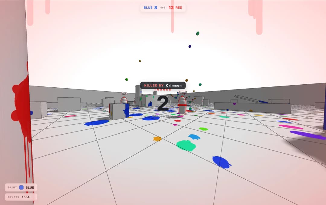 WhiteOut Paintball respawn screen showing a white arena splattered with multicolor paint after being tagged