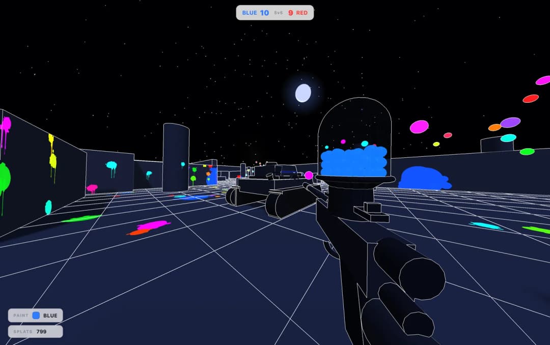 Night-mode WhiteOut Paintball arena under a starry sky with neon paint splatters and a paintball gun loaded with blue paintballs